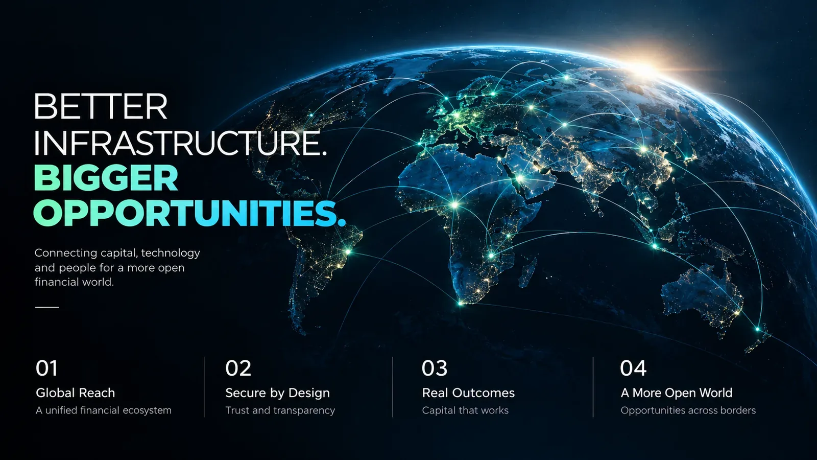 Fintech pitch deck design: title slide with a global network map